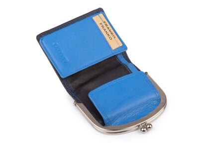 Czarno-niebieska, skórzana, portmonetka damska zapinana na klasyczny metalowy bigiel RFID - obrazek 3