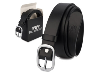Elegancki, czarny pasek damski skórzany do spodni polskiej marki Beltimore 110 cm