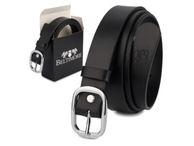 Elegancki, czarny pasek damski skórzany do spodni polskiej marki Beltimore 110 cm