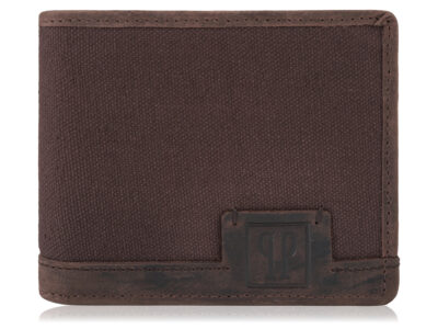 Wygodny, brązowy portfel męski Paolo Peruzzi z mocnego materiału i skóry naturalnej