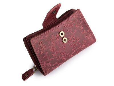 Ręcznie szyty portfel damski w kwiaty vintage skórzany bordowy RFID - obrazek 3