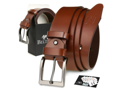 Elegancki, brązowy pasek męski do spodni skórzany z metalową klamrą klasyczną Beltimore 125 cm