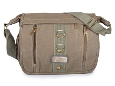 Pojemna, materiałowa torba męska na ramię w stylu vintage w kolorze khaki ORMI - obrazek 2