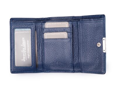 Lakierowany, średni portfel damski niebieski w motylki, zapinany na bigiel - obrazek 3