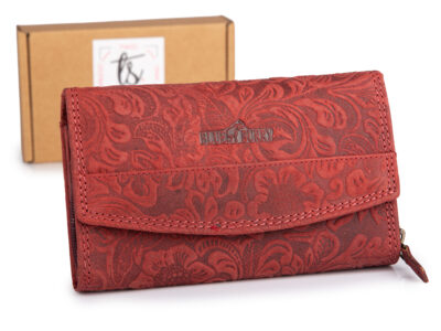 Poziomy portfel damski czerwony z zamszowej skóry naturalnej z tłoczeniem w kwiaty