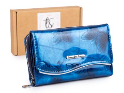 Duży niebieski portfel damski w motylki z metalową "falą" z przodu RFID na zamek