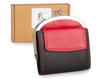 Czerwono-czarna, skórzana, portmonetka damska zapinana na klasyczny metalowy bigiel RFID - obrazek 1