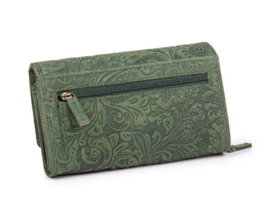 Poziomy portfel damski zielony z zamszowej skóry naturalnej z tłoczeniem w kwiaty - obrazek 4