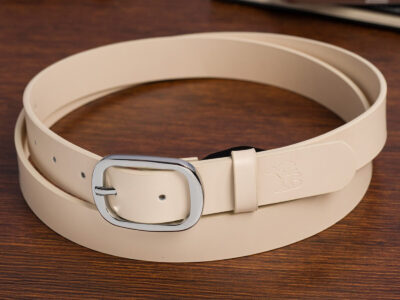 Elegancki, jasnobeżowy (ecru) pasek damski skórzany do spodni polskiej marki Beltimore 120 cm - obrazek 5