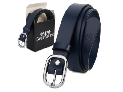 Elegancki, granatowy pasek damski skórzany do spodni polskiej marki Beltimore 110 cm