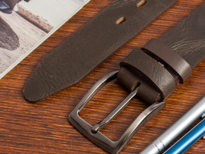 Klasyczny, skórzany pasek męski do spodni ciemnobrązowy skóra naturalna licowa - obrazek 2