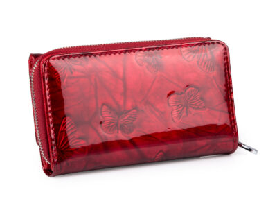 Duży czerwony portfel damski w motylki z metalową "falą" z przodu RFID na zamek - obrazek 2