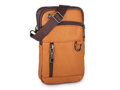 Mała skórzana saszetka na szyję jasnobrązowa na dokumenty 2-komorowa