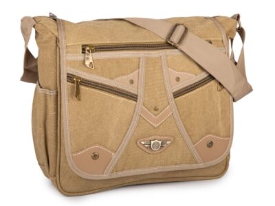 Duża beżowa torba męska na ramię A4 w stylu vintage z kieszenią na laptopa 16"