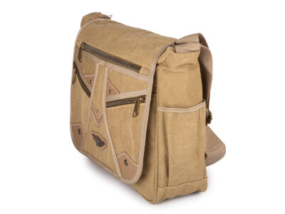 Duża beżowa torba męska na ramię A4 w stylu vintage z kieszenią na laptopa 16" - obrazek 5