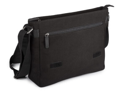 Duża czarna torba męska na ramię z canvasu i skóry naturalnej z klapą Sergej - obrazek 5