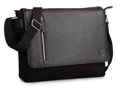 Duża czarna torba męska na ramię z canvasu i skóry naturalnej z klapą Sergej