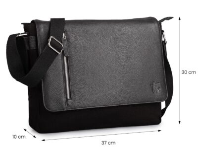 Duża czarna torba męska na ramię z canvasu i skóry naturalnej z klapą Sergej - obrazek 12