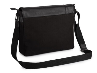 Duża czarna torba męska na ramię z canvasu i skóry naturalnej z klapą Sergej - obrazek 2