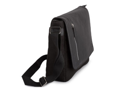 Duża czarna torba męska na ramię z canvasu i skóry naturalnej z klapą Sergej - obrazek 3