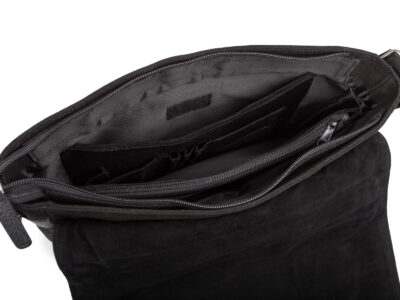 Duża czarna torba męska na ramię z canvasu i skóry naturalnej z klapą Sergej - obrazek 8