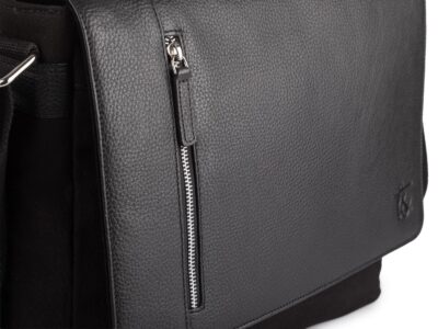 Duża czarna torba męska na ramię z canvasu i skóry naturalnej z klapą Sergej - obrazek 10