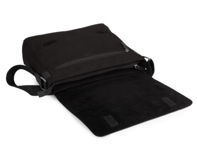 Duża czarna torba męska na ramię z canvasu i skóry naturalnej z klapą Sergej - obrazek 6