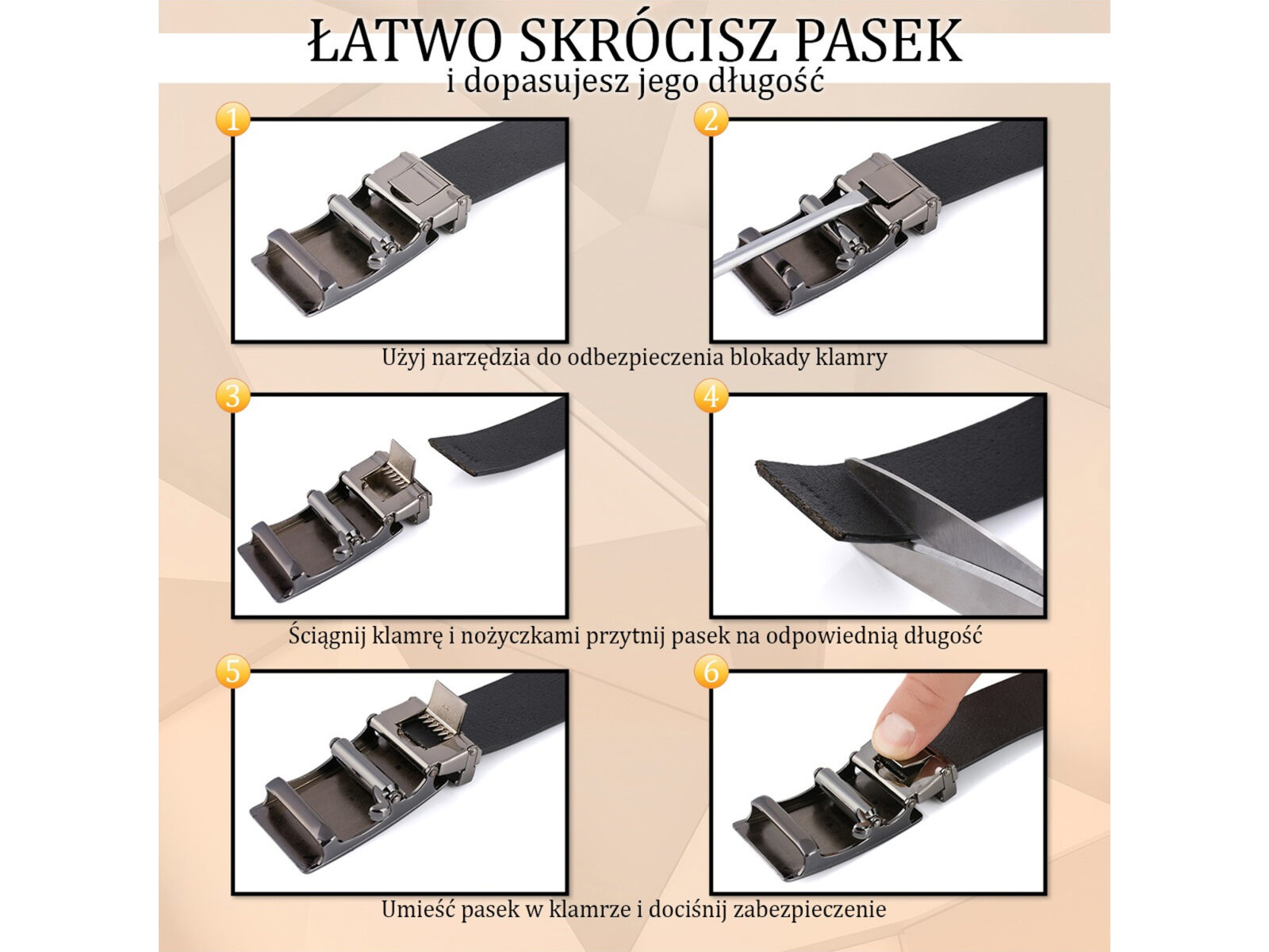 Zbliżenie srebrnej automatycznej klamry na czarnym skórzanym pasku, pokaz kroków regulacji