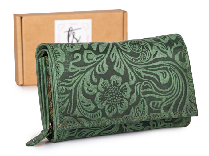 Duży zielony portfel damski skórzany z wzorem w kwiaty RFID
