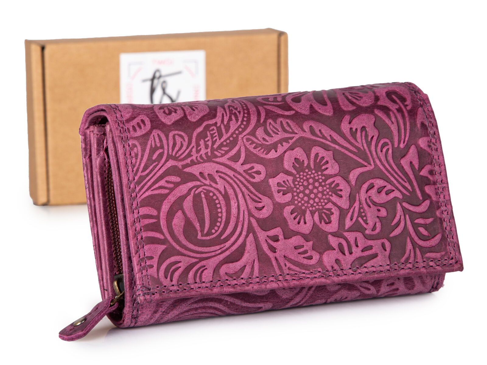 Duży fioletowy portfel damski skórzany z wzorem w kwiaty RFID