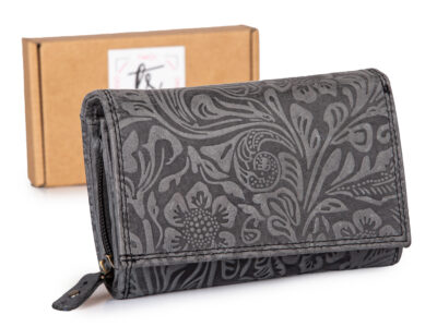 Duży czarny portfel damski skórzany z wzorem w kwiaty RFID