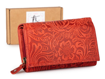 Duży intensywny czerwony portfel damski skórzany z wzorem w kwiaty RFID