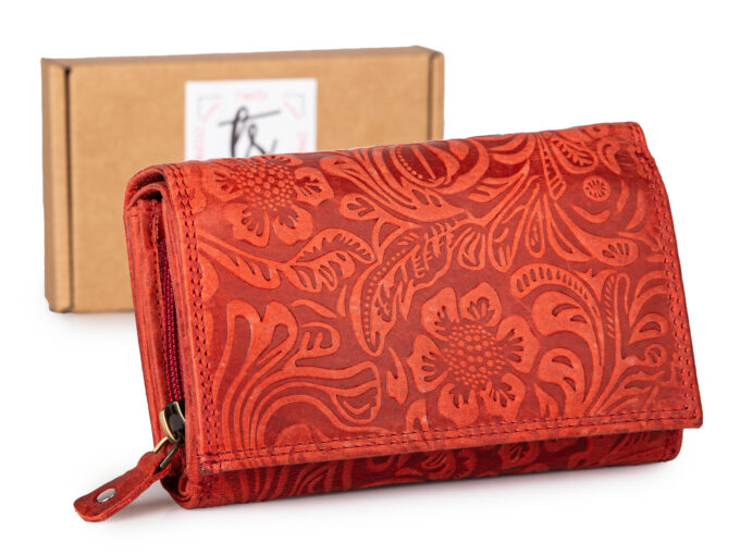 Duży intensywny czerwony portfel damski skórzany z wzorem w kwiaty RFID