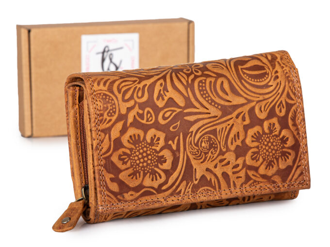 Duży jasnobrązowy portfel damski skórzany z wzorem w kwiaty RFID