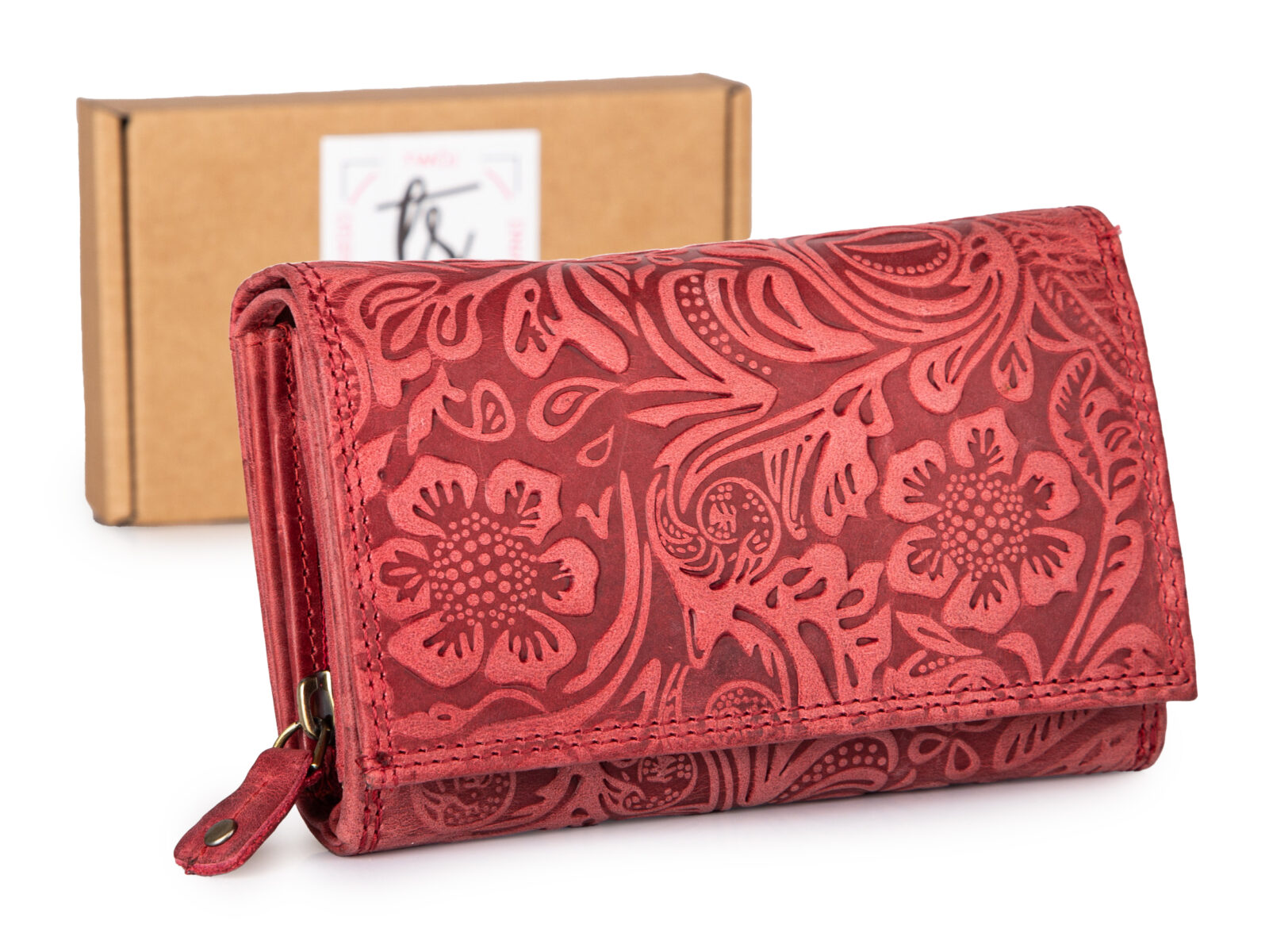 Duży czerwony portfel damski skórzany z wzorem w kwiaty RFID