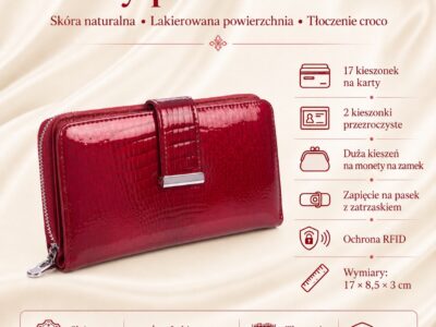 Skórzany lakierowany portfel damski czerwony Jennifer Jones 5280 - obrazek 10