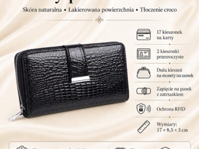 Poziomy duży czarny skórzany portfel damski Jennifer Jones - obrazek 8