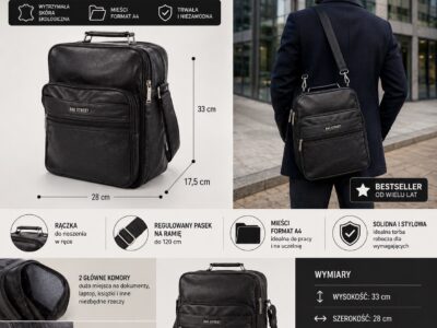 Pojemna pionowa czarna torba męska na ramię Bag Street - obrazek 13