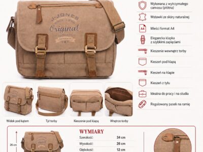 Torba męska na ramię, duża, canvas i skóra naturalna, beżowa J JONES - obrazek 13