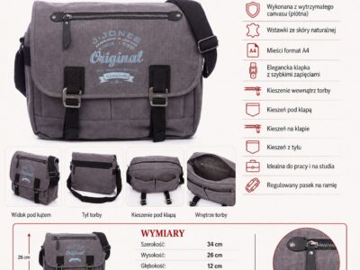 Szara torba męska na ramię A4 z klapą canvas ze skórą naturalną - obrazek 13