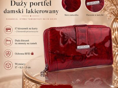 Duży portfel damski Jennifer Jones w kolorze czerwonym z motywem motylków lakierowany RFID - obrazek 10