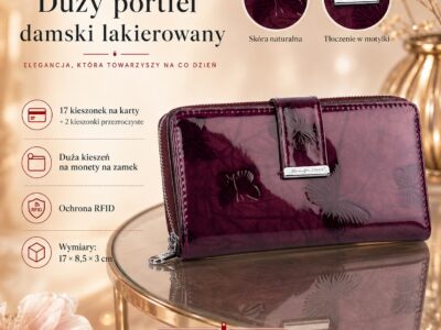Duży portfel damski Jennifer Jones w kolorze fioletowym z motywem motylków lakierowany RFID - obrazek 8