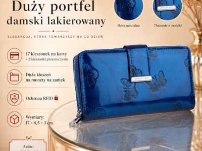 Duży portfel damski Jennifer Jones w kolorze niebieskim z motywem motylków lakierowany RFID - obrazek 10
