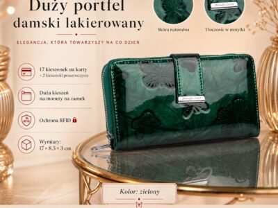 Duży portfel damski Jennifer Jones w kolorze zielonym z motywem motylków lakierowany RFID - obrazek 10