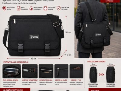 Elegancka materiałowa torba męska do pracy mieszcząca A4 Bellugio - obrazek 10