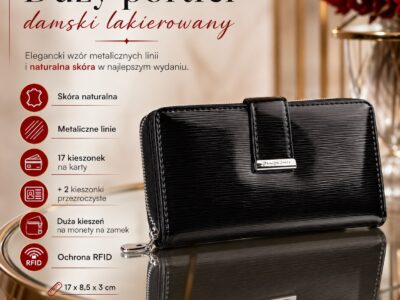 Duży, poziomy portfel damski w kolorze czarnym lakierowana tafla w linie - obrazek 9