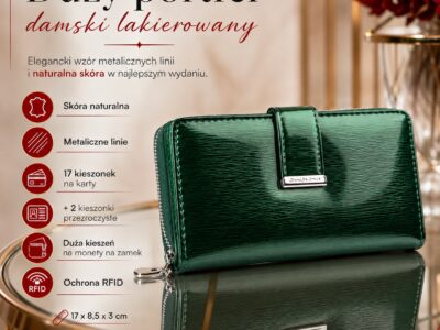 Portfel damski lakierowany w metaliczne linie zielony Jennifer Jones - obrazek 9