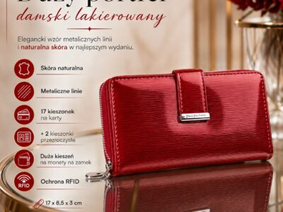 Portfel damski lakierowany w metaliczne linie czerwony Jennifer Jones - obrazek 9