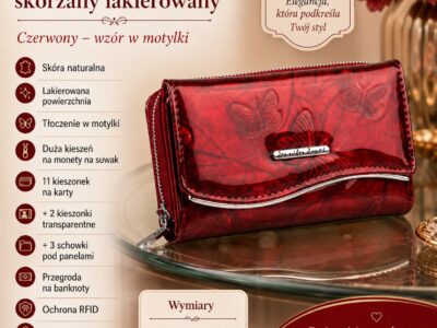 Duży czerwony portfel damski w motylki z metalową "falą" z przodu RFID na zamek - obrazek 7