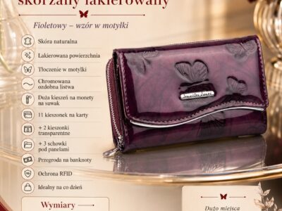 Duży fioletowy portfel damski w motylki z metalową "falą" z przodu RFID na zamek - obrazek 7